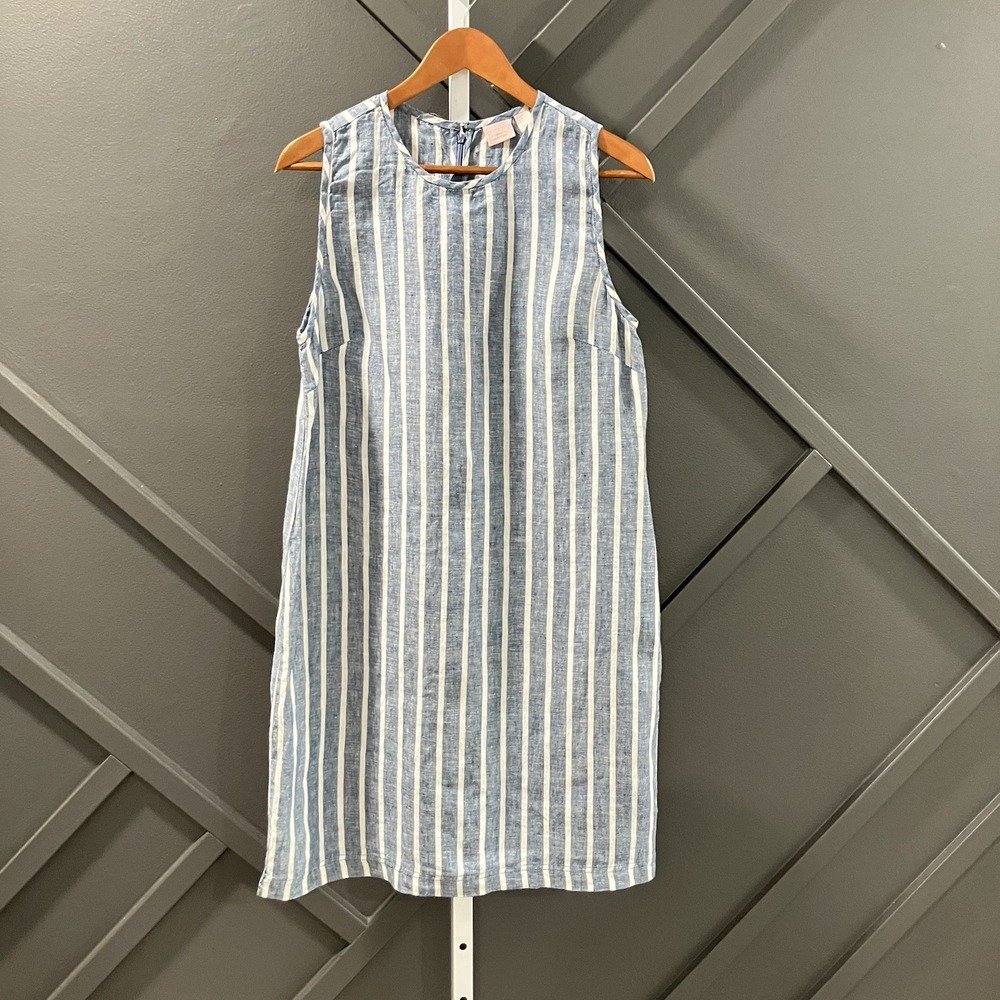 St. Tropez West Dress Women Size 12 Blue White Striped 100% Linen Shift